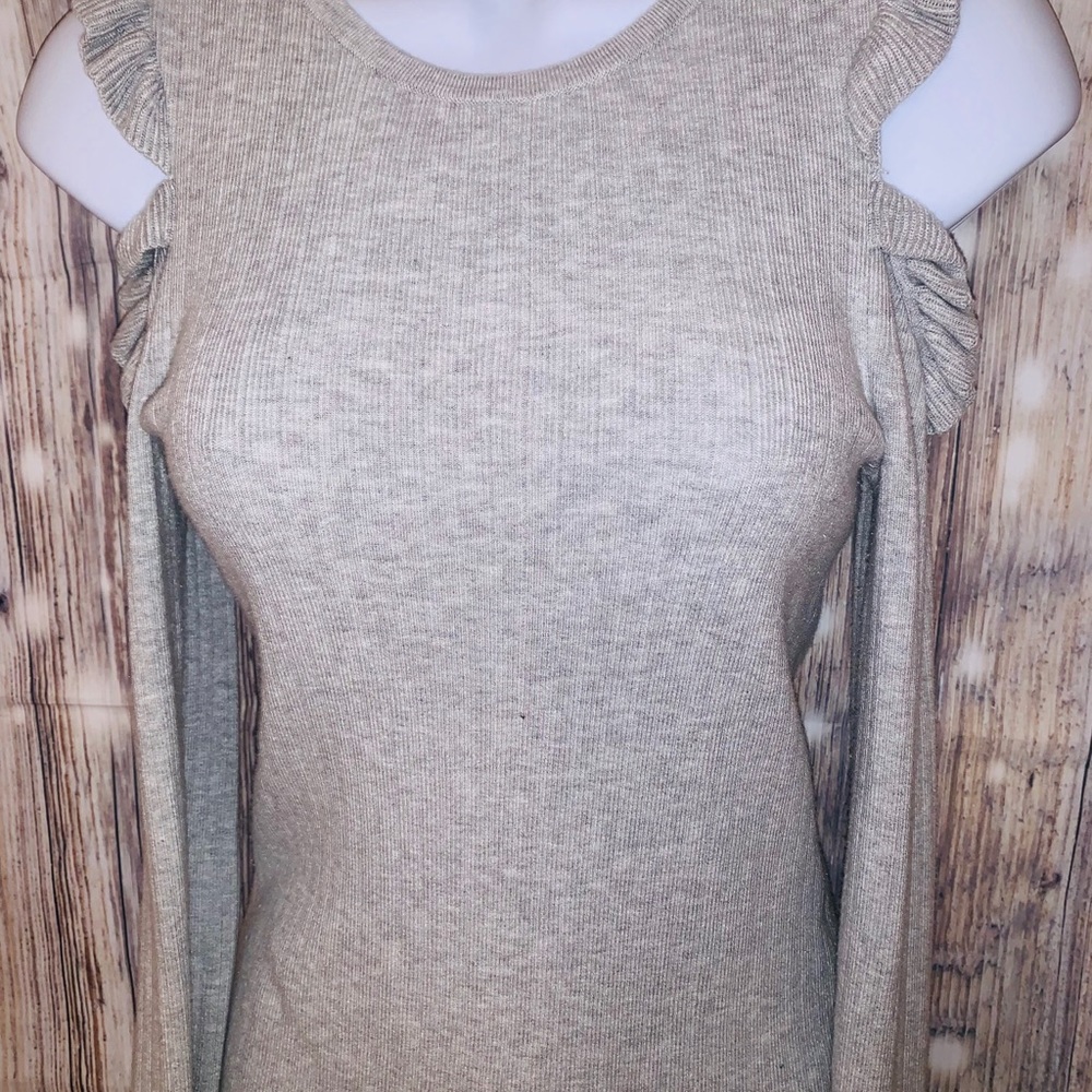 WHBM Light Grey Ruffles Cold Shoulder Sweater - Picture 4 of 8